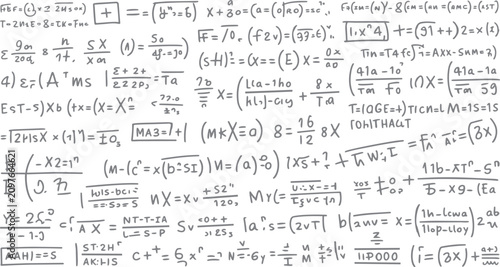 Handwritten mathematical equations and formulas on a white background with gray ink mathematics science