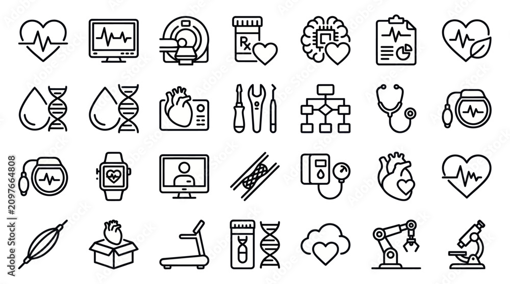 Fototapeta premium Modern healthcare and medical technology thin line icon set.