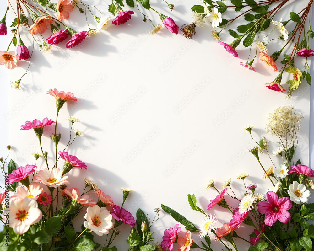 Fototapeta premium Cadre floral décoratif composé de roses roses, de marguerites et de diverses fleurs colorées sur fond blanc, modèle de conception graphique