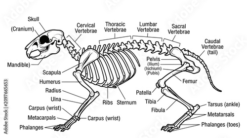 Foto Detailed Anatomical Illustration of a Mammal Skeleton with Labels