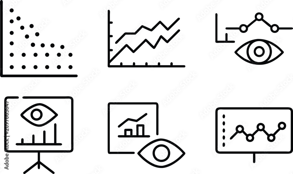 Fototapeta premium Data analysis and observation vector line icons set, visual representation of information, statistical charts and graphs, business insights concept.