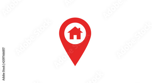A red map pin icon featuring a simple house symbol on a white background