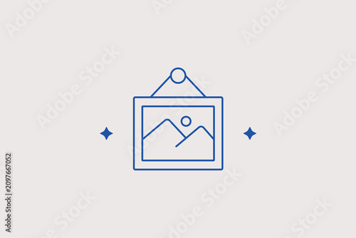 Hanging picture frame with mountain landscape line icon for home decor. Vector illustration for art gallery exhibition catalog, photography portfolio.