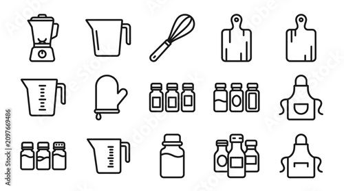 Photos Kitchen Utensils and Ingredients Icons Set: Baking and Cooking Tools Collection