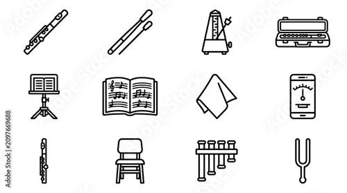 Fotografie Musical Instruments and Accessories Line Icons Set - Flute, Drums, Metronome, Sh
