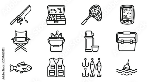 Fotografía Fishing Icons Set: Rod, Tackle Box, Net, Fish, Vest, Hooks, Bobber, Chair, Coole