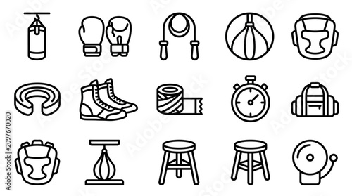Bild auf Leinwand Boxing Equipment Icons: Punching Bag, Gloves, Jump Rope, Headgear, Stopwatch, Gy