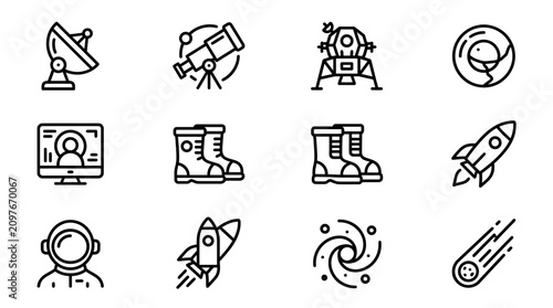 Fotografía Space Exploration Icons: Rocket, Astronaut, Telescope, Satellite, Moon Lander, G