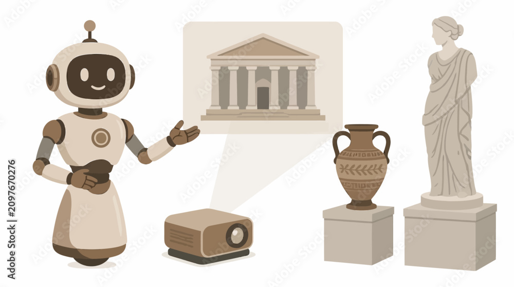 Fototapeta premium Cute robot explaining Greek history in museum setting.