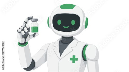 Obraz na plátně Friendly robot medical professional holding a green medicine vial