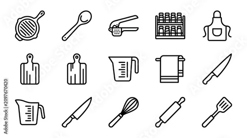Photos Kitchen Utensil Icons Set: Cooking Tools Collection in Clean Outline Style
