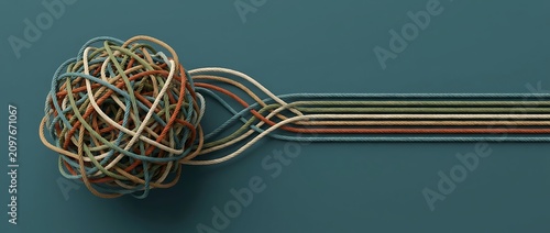 Tangled knot of colorful ropes unraveling into straight strands representing complexity to simplicity order from chaos and organized solutions.