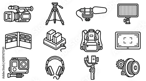 Photos Video Production Icons: Camera, Microphone, Gimbal, Lights, Gear Set
