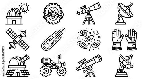 Cuadro en lienzo Space Exploration Icons: Telescope, Satellite, Rover, Observatory, Comet, Galaxi