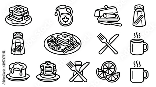Bild auf Leinwand Breakfast Icons: Pancakes, Maple Syrup, Bacon, Coffee, Butter, Salt & Pepper Sha