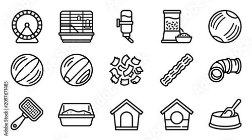 Cuadro en lienzo Small Pet Accessories Icons: Hamster Wheel, Cage, Food, Water Bottle, Toys, Hous