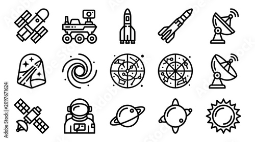 Fotografía Space Exploration Icons: Rocket, Astronaut, Planets, Satellite, Rover, Galaxy, S