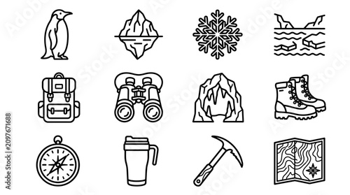 Schilderij op canvas Arctic and Antarctic Expedition Icons: Penguin, Iceberg, Snowflake, Backpack, Bi