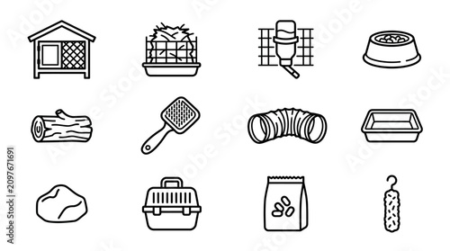 Photos Small Pet Accessories Icons Set: Cage, Food Bowl, Water Bottle, Tunnel, Carrier,