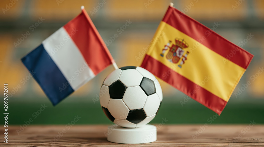 Fototapeta premium France and Spain flags beside a soccer ball on grass for international football rivalry, match preview and tournament coverage