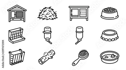 Foto Rabbit Hutch and Pet Care Icons: House, Hay, Feeder, Water Bottle, Food Bowl, Br
