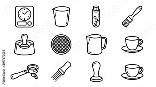 Foto Coffee Making Tools Icons: Espresso Machine Accessories, Scale, Cups, Tamper, Pi