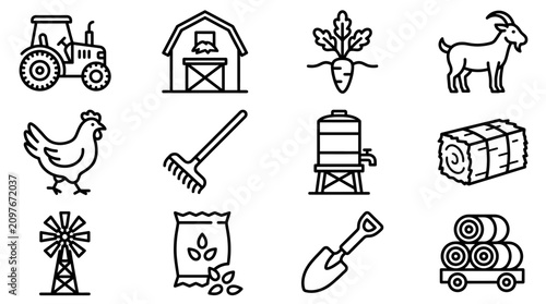 Tableau sur toile Farm Icons Set: Tractor, Barn, Chicken, Goat, Hay, Tools, Windmill, Seeds