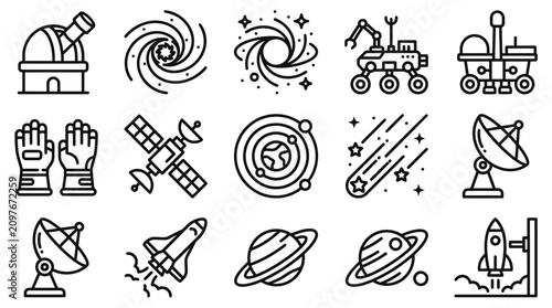 Fotografía Space Exploration Icons: Telescope, Galaxy, Rover, Satellite, Planets, Rocket, S