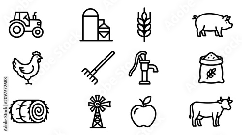 Tableau sur toile Farm Icons Set: Tractor, Silo, Wheat, Pig, Chicken, Rake, Pump, Feed Bag, Hay Ba