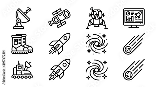 Cuadro en lienzo Space Exploration Icons: Rocket, Satellite, Moon Lander, Meteor, Boot, Rover, Ga