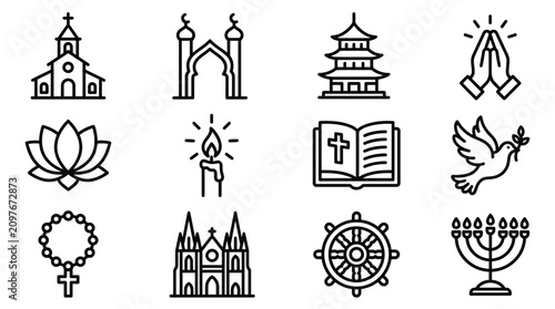 Tableau sur toile Set of religious icons: church, mosque, pagoda, prayer hands, lotus, candle, bible, dove, rosary, temple, dharma wheel, menorah
