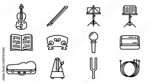 Tableau sur toile Musical Instrument Icons: Violin, Bow, Stand, Sheet Music, Metronome & More
