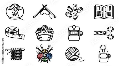 Foto Knitting and Crochet Craft Icons: Yarn, Needles, Scissors, Tape Measure, Row Cou