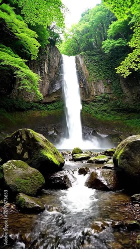 Tall waterfall cascading into a rocky stream in a lush green forest.