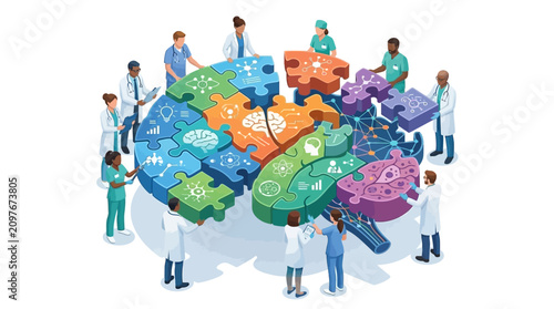 Medical team assembling human brain from jigsaw puzzle pieces