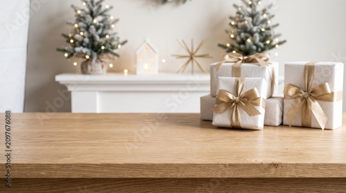 Empty wooden table with festive Christmas gift boxes and small trees in background for product placement and mockup ads