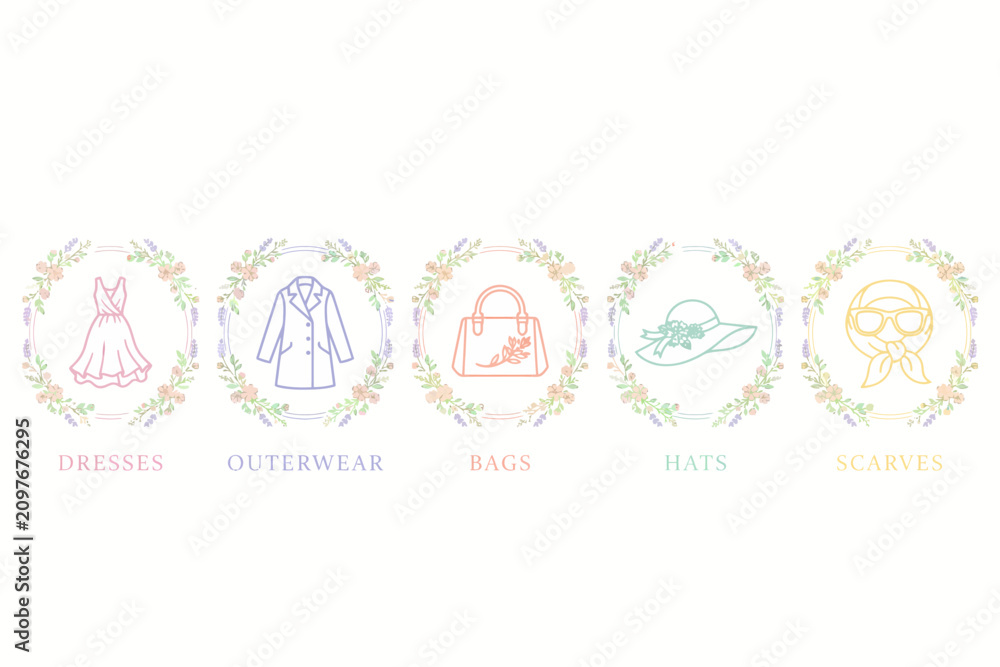 Fototapeta premium fashion icons with floral wreaths for clothing brand logo or marketing materials