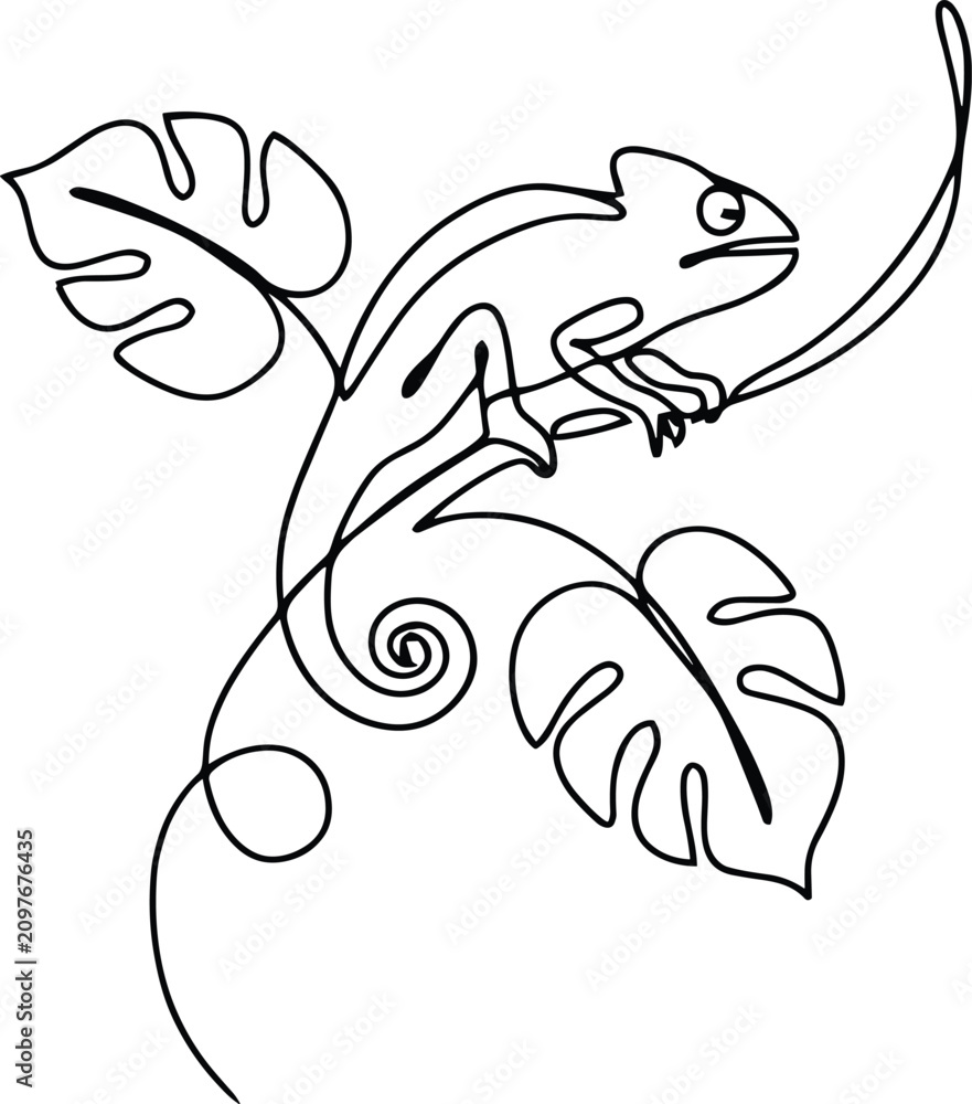 Naklejka premium Continuous line of a chameleon perched on a monstera leaf branch