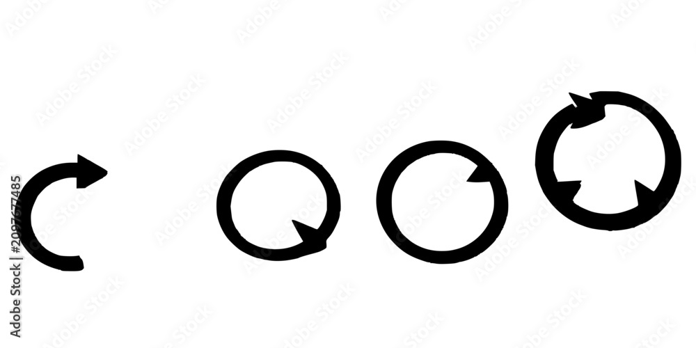 Fototapeta premium Four black circular arrows arranged in a row, each with different styles of rotation and thickness, set against a plain white background. The arrows vary from double-headed to single-headed and hav...