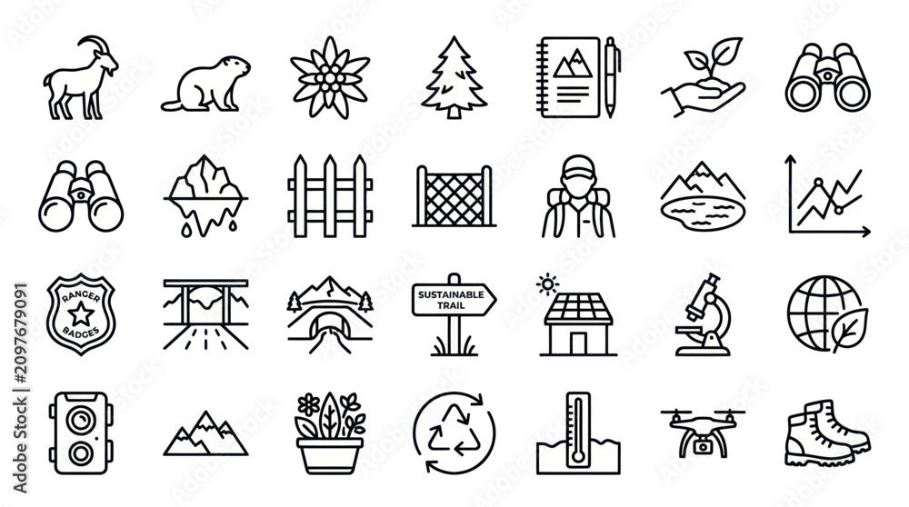 Fototapeta premium Nature wildlife and outdoor exploration line icon set.