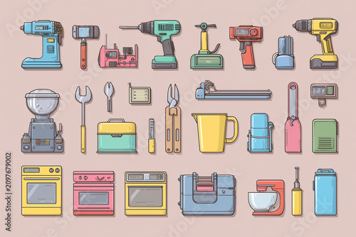 Collection of colorful household appliances and power tools