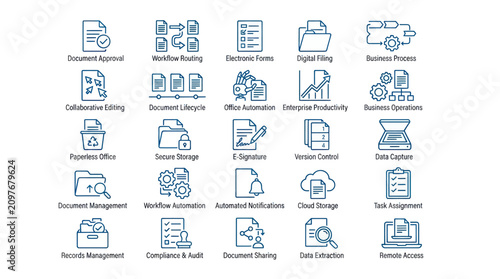 Office productivity and automated document workflow icons.