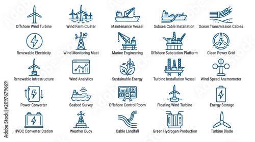 Offshore wind farm and maritime engineering labeled icons