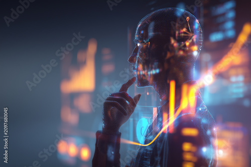 Artificial intelligence profile with glowing data and charts