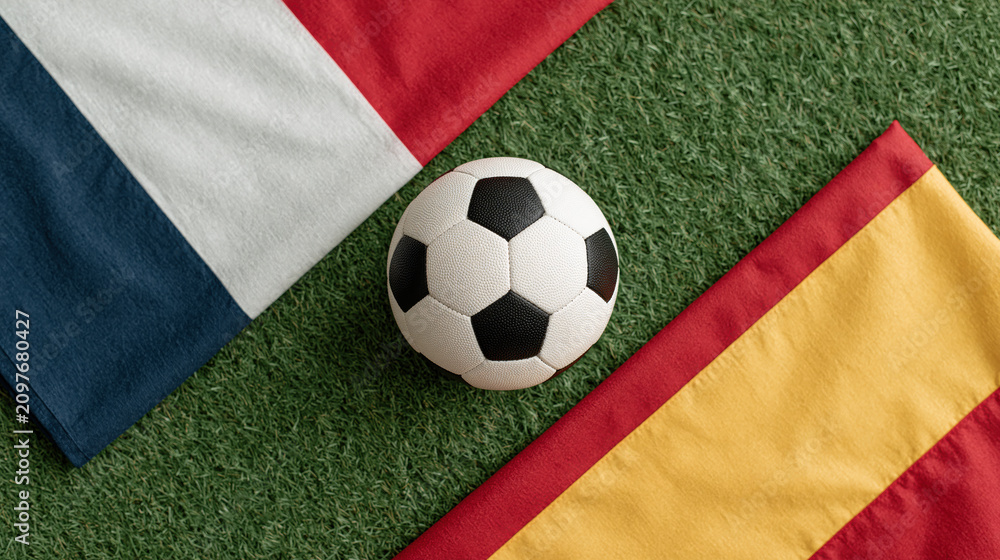 Naklejka premium Top down view of a soccer ball on green grass pitch with national flags of France and Spain for an international football match tournament background