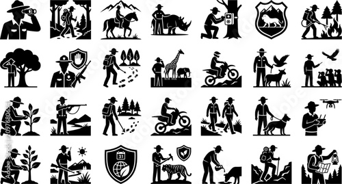 Obraz na płótnie Ranger Icons Depicting Wildlife Conservation And Patrol Activities On Transparen