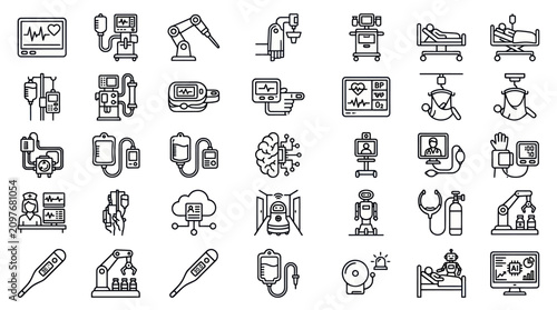 Patient care and smart infusion pump technology icon set.