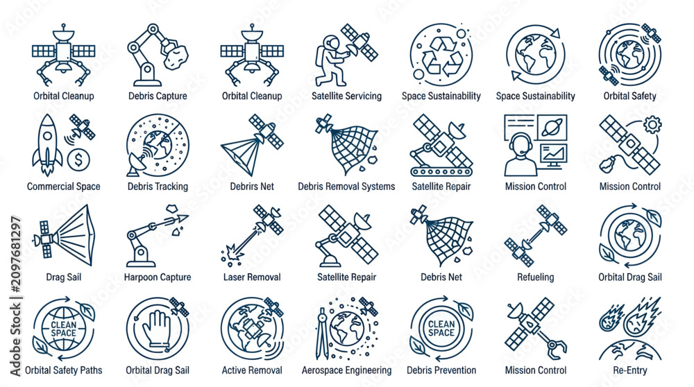 Fototapeta premium Orbital debris removal and space mission control icons.