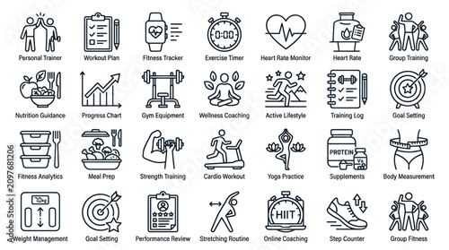 Personal training and gym workout linear icon collection.