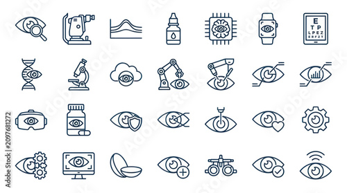 Photos Ophthalmology and vision health care outline icons.